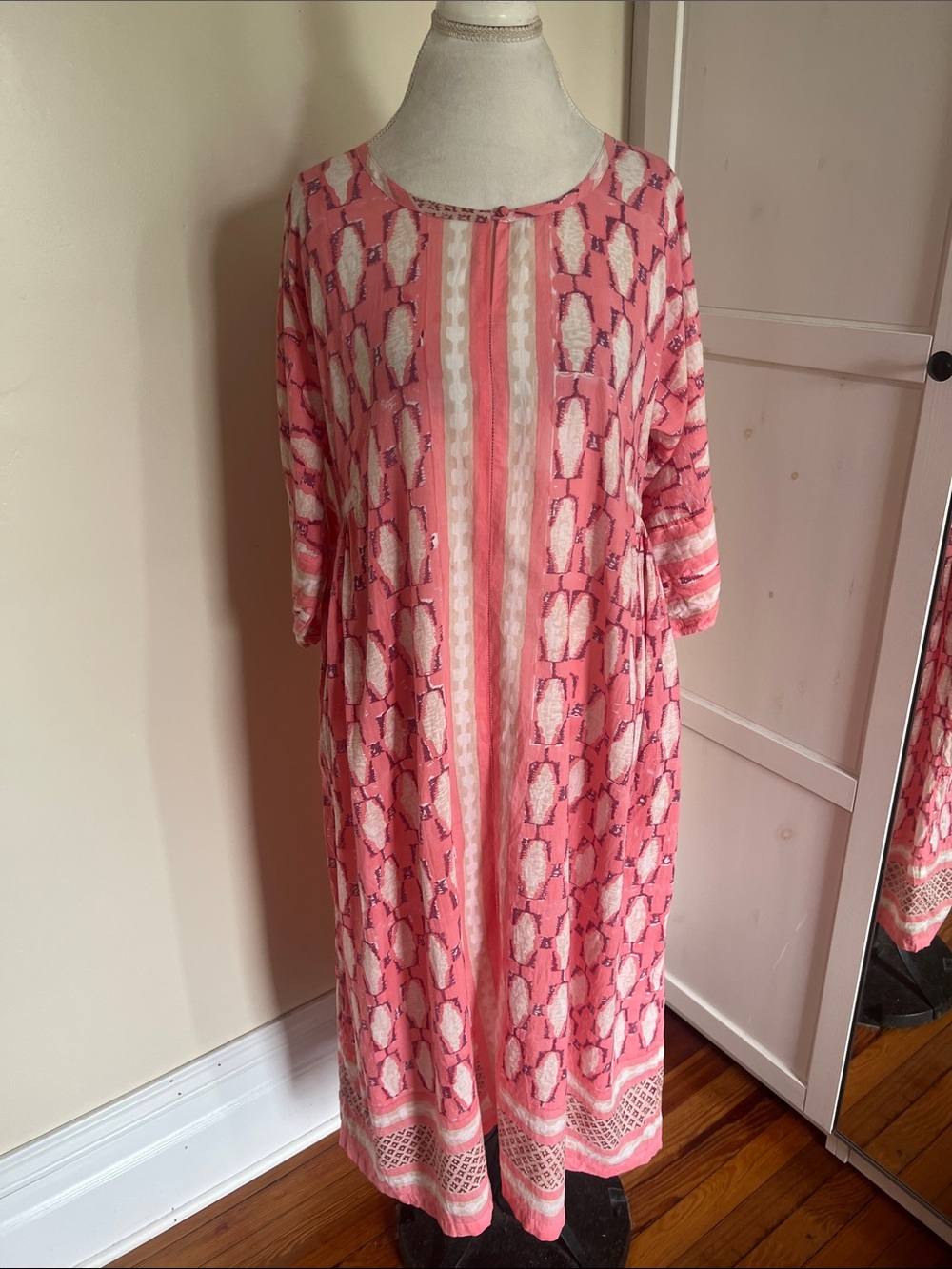 Kerry Cassill Pink Block Print Cotton Midi Dress Kaftan Pockets Size M/L Boho - Picture 2 of 10